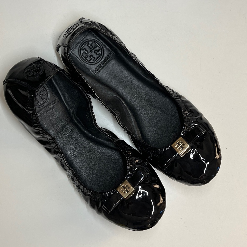 Tory Burch Eddie W/logo Bow-Smooth Patent Leather Ballet Flat Women’s SzUS 8.5